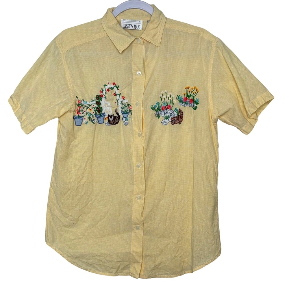 Vtg 90s Casey & Max Cat Garden Embroidered Shirt Small Yellow Cottagecore Granny